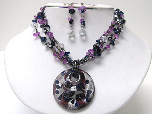 Round murano glass pendant natural chip stone necklace earring set