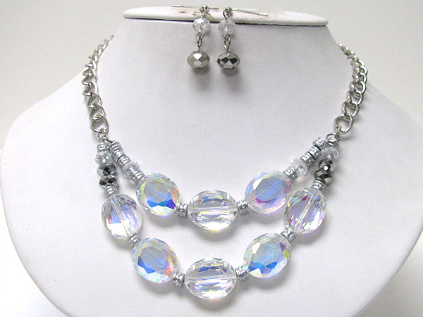 Double layer multi facet glass stone link necklace earrign set