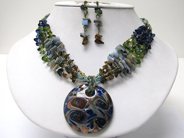 Round murano glass pendant natural chip stone necklace earring set