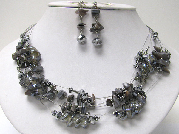 Natural chip stone and ceramic screw link necklace earring set