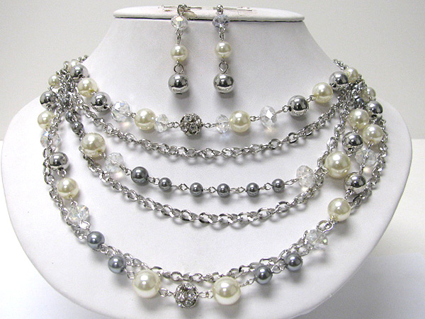 Multi strand pearl and crystal ball link necklace earrign set