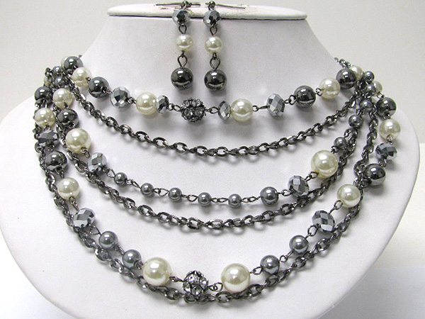 Multi strand pearl and crystal ball link necklace earrign set