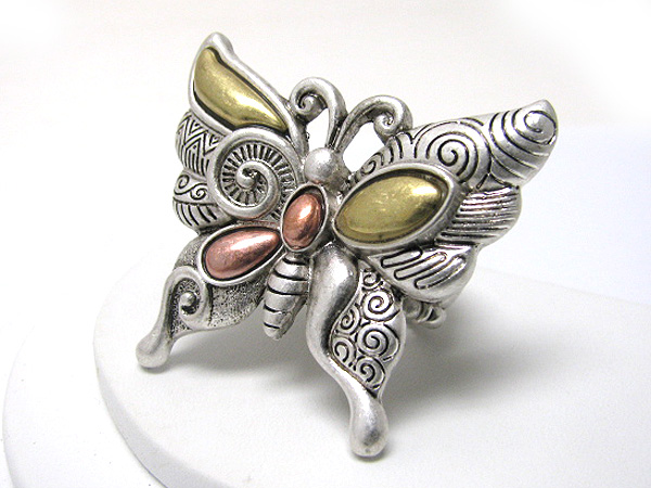 Tri tone textured metal butterfly stretch ring