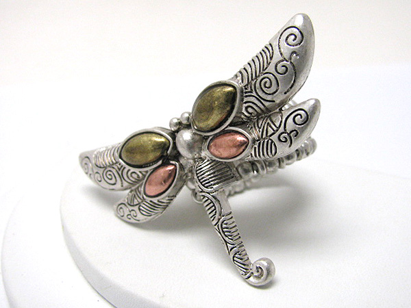 Tri tone textured metal dragonfly stretch ring