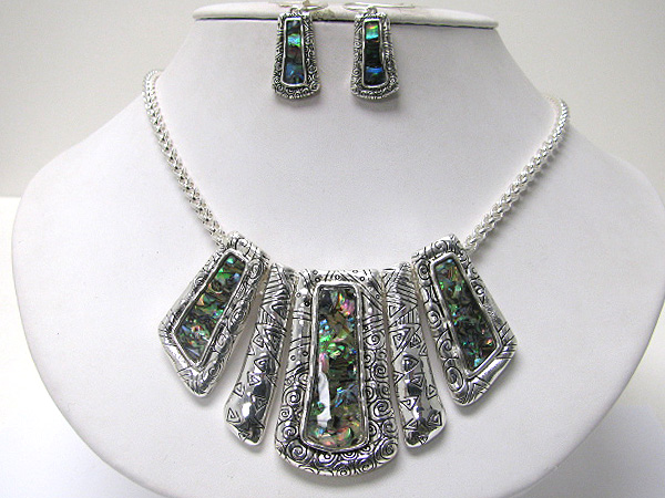 Abalone deco metal disk bib style neckalce earring set