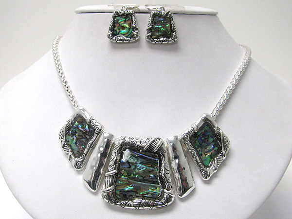 Abalone deco metal disk bib style neckalce earring set