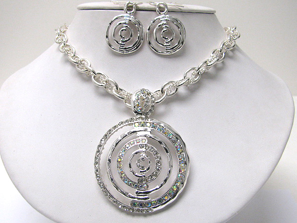 Crystal stud latge round medallion neckalce earring set