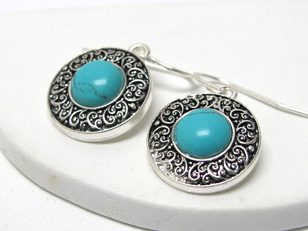 Turquoise stone deco round textured metal earring