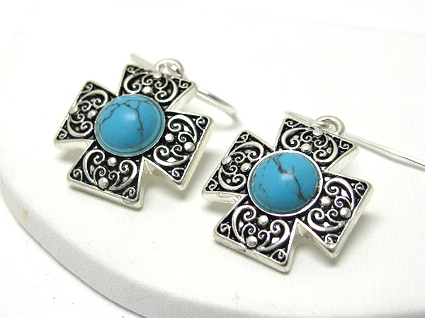 Turquoise stone deco cross textured metal earring