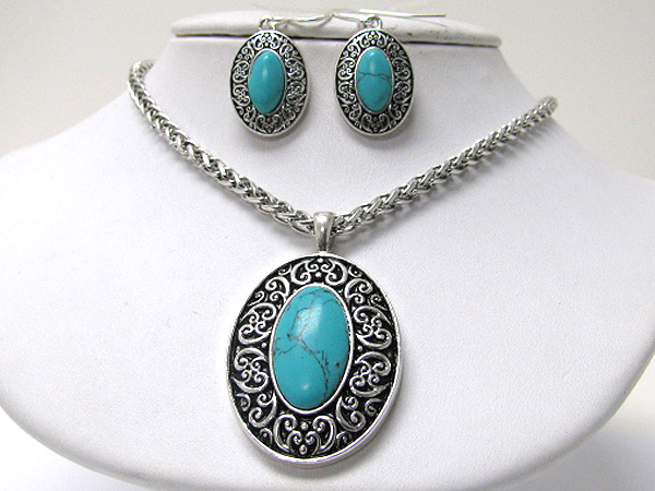 Oval natural stone and metal textured oval drop necklace earring set