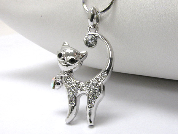 Made in korea whitegold plating crystal stud cat pendant necklace