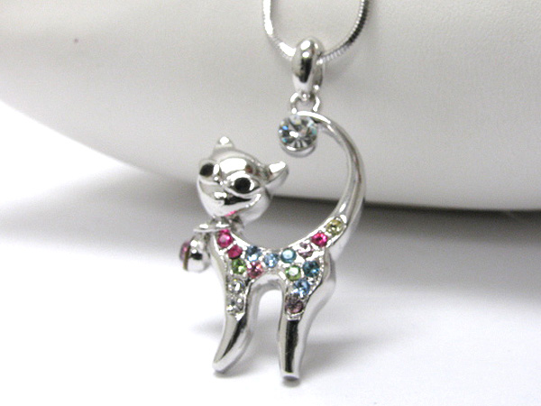 Made in korea whitegold plating crystal stud cat pendant necklace