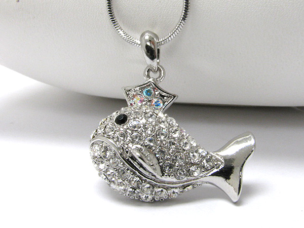 Made in korea whitegold plating crystal stud whale pendant necklace