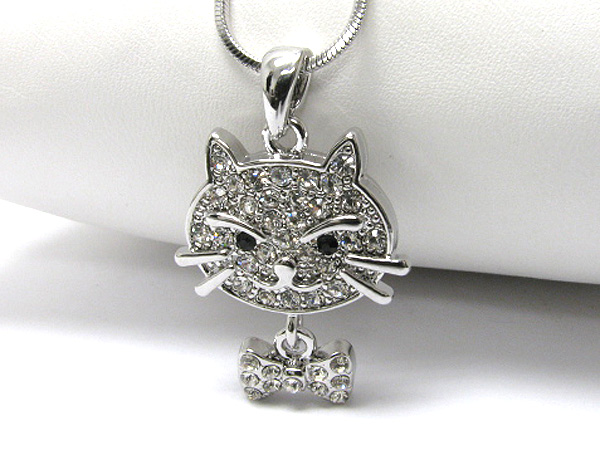 Made in korea whitegold plating crystal stud cat pendant necklace