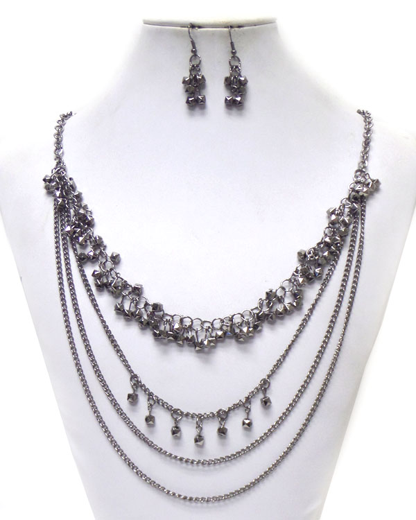 Metallic beads dangle multi layer metal cahin necklace earring set