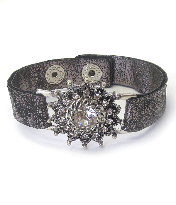 Crystal flower and leatherette band bracelet