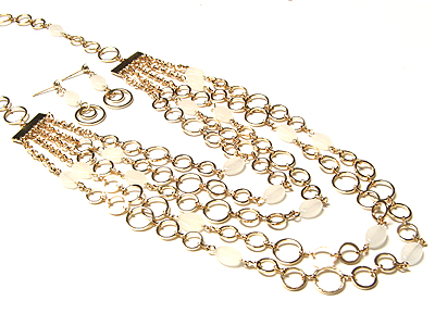 Gold link chain with oval glass necklace and earring set