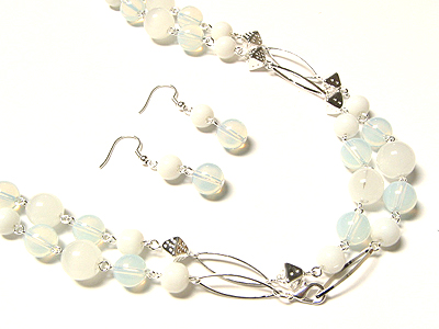 Silver opal glass long necklace and earring set