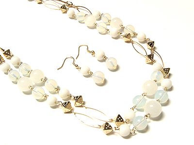 Gold opal glass long necklace and earring set