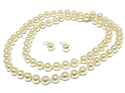 Basic pearl beads long necklace and earring set