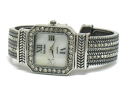 Crystal frame pewter metal bangle watch