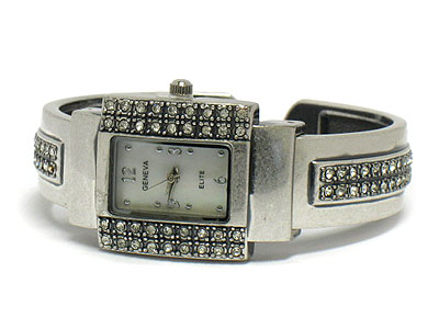 Crystal deco pewter metal bangle watch