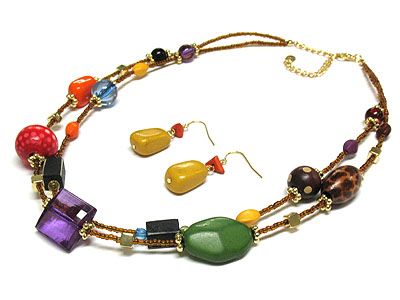 Multi color wood and beads ball necklace and earring set