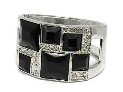 Crystal and color acryl deco metal wide hindge bangle