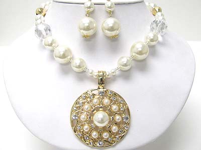 Beads deco metal filigree round pendant and beads necklace earring set