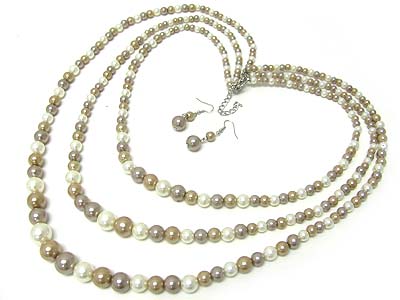 Triple layer pearl beads necklace and earring set