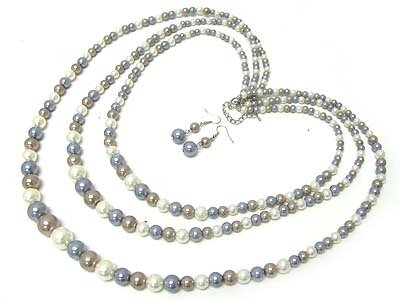 Triple layer pearl beads necklace and earring set