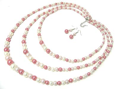 Triple layer pearl beads necklace and earring set