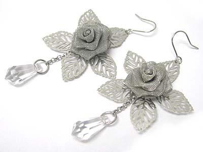 Crystal cut glass facet ball and metal filigree flower earring