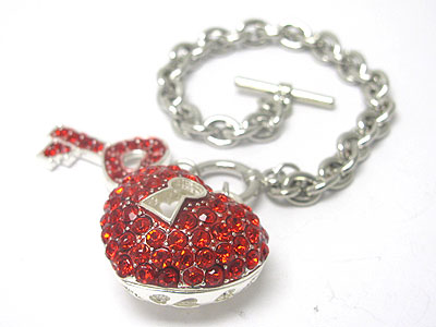 Valentine crystal puffy heart lock and key charm toggle bracelet