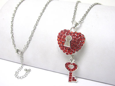 Valentine crystal puffy heart lock and key charm toggle necklace