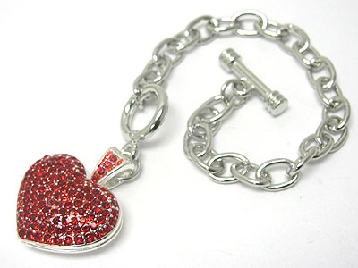 Valentine crystal puffy heart charm toggle bracelet