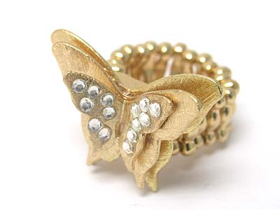 Metallic stone stud scratch metal butterfly stretch ring - brass metal