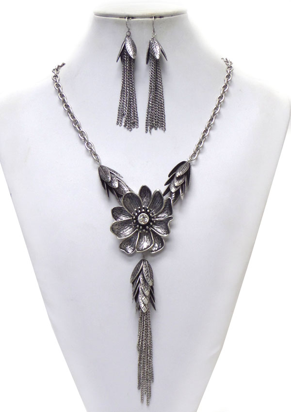 Crystal metal flower and drop metal dangle leafs long chian necklace earring set