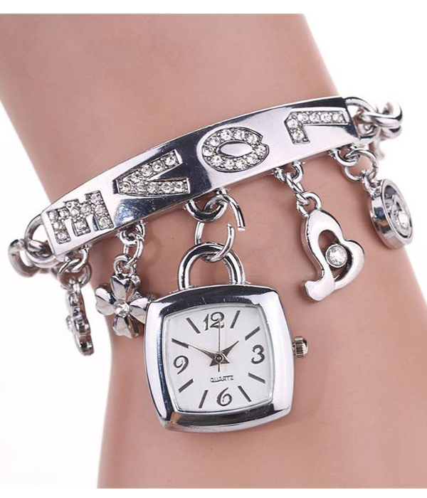 Crystal stud love theme charm dangle metal band watch -valentine