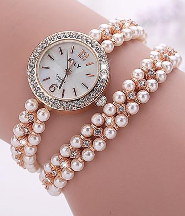 Crystal stud long pearl strap wrist wrap watch