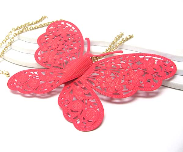 Extra large metal filigree butterfly pendant long necklace