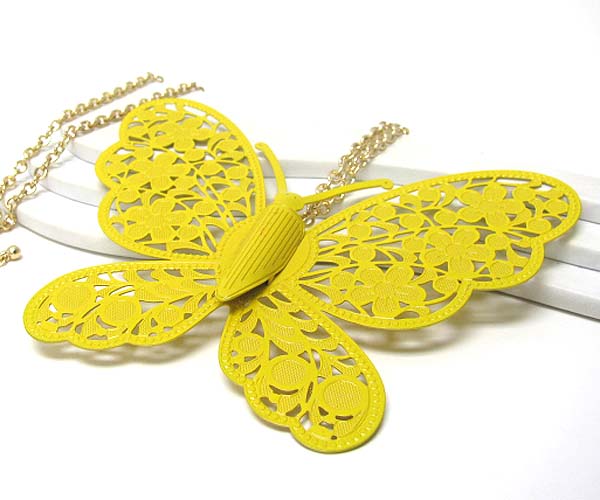 Extra large metal filigree butterfly pendant long necklace