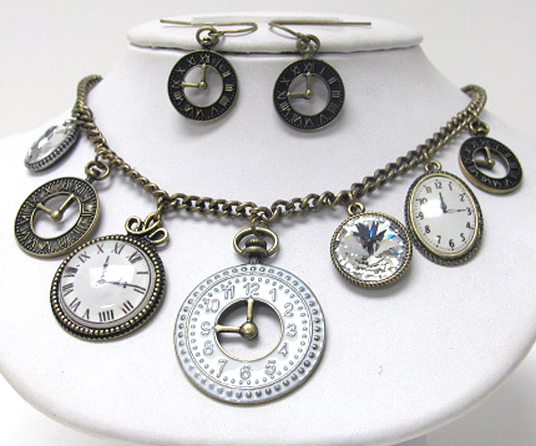 Retro vintage multi antique watch charm dangle necklace earring set