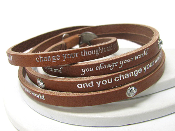 Synthetic leather coiled message friendship bracelet - change your thoughts and you change your world - free wrap style