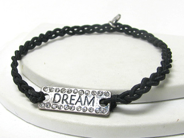 Crystal deco message metal plate and twisted cord friendship bracelet