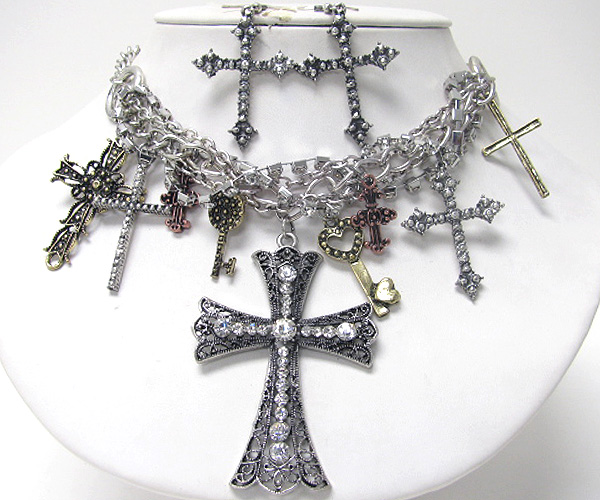 Crystal deco multi cross and key charm necklace earring set