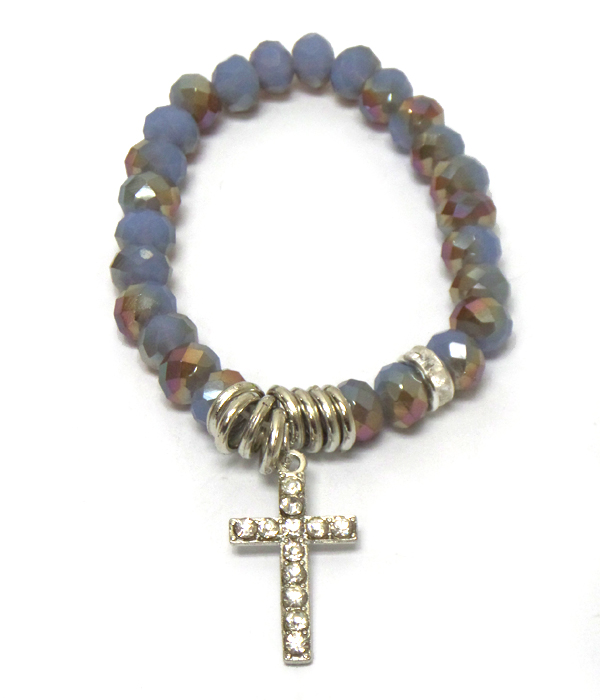 Glass beads cross with rhinestones charm bracelet 