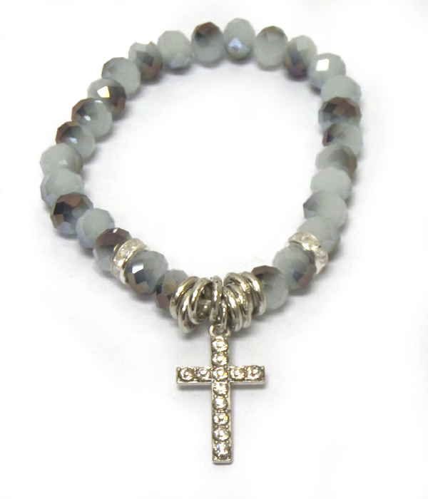 Glass beads cross with rhinestones charm bracelet