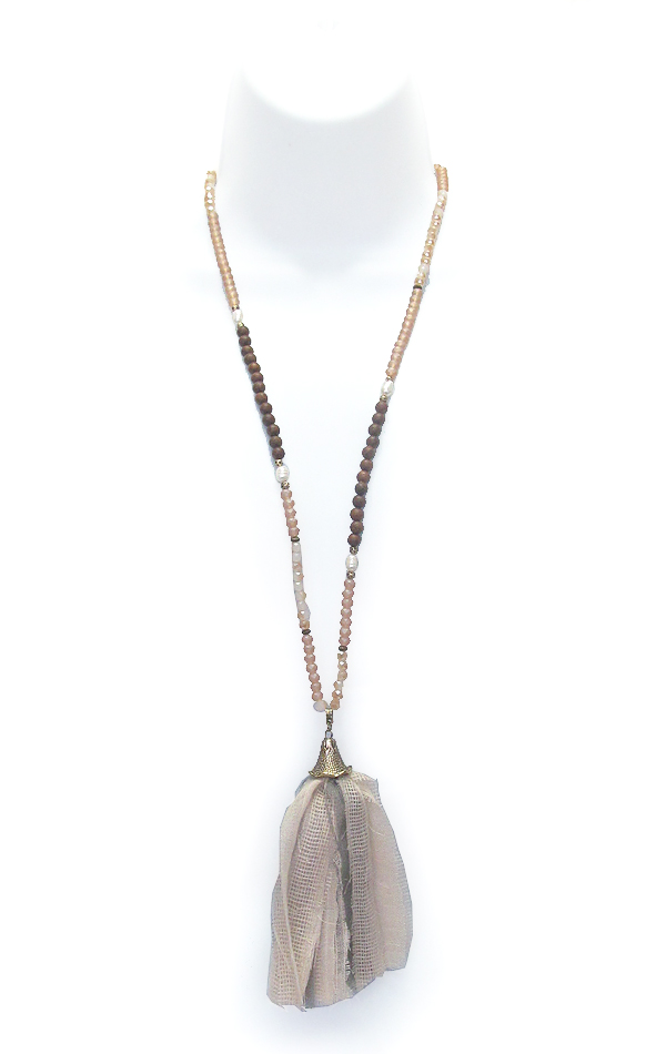 Freshwater pearl and wood mixed bead and fabric tassel pendant long necklace