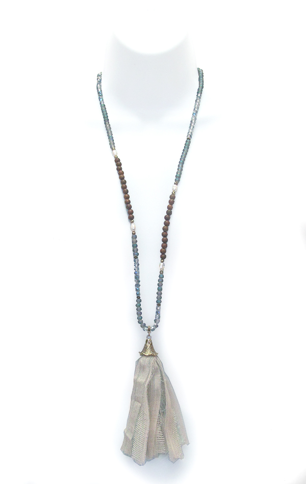 Freshwater pearl and wood mixed bead and fabric tassel pendant long necklace